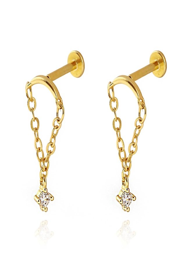 Xeyau 2PC Small Helix Piercing Earrings for Women Gold Silver Titanium Flat Back Earring Dangle Hidden Helix Earring Hypoallergenic Cartilage Diamond Jewelry (A-Gold) - Image 1